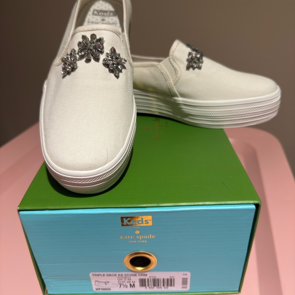 Keds White Slip-On Sneakers with Silver Crystal Flower Accents